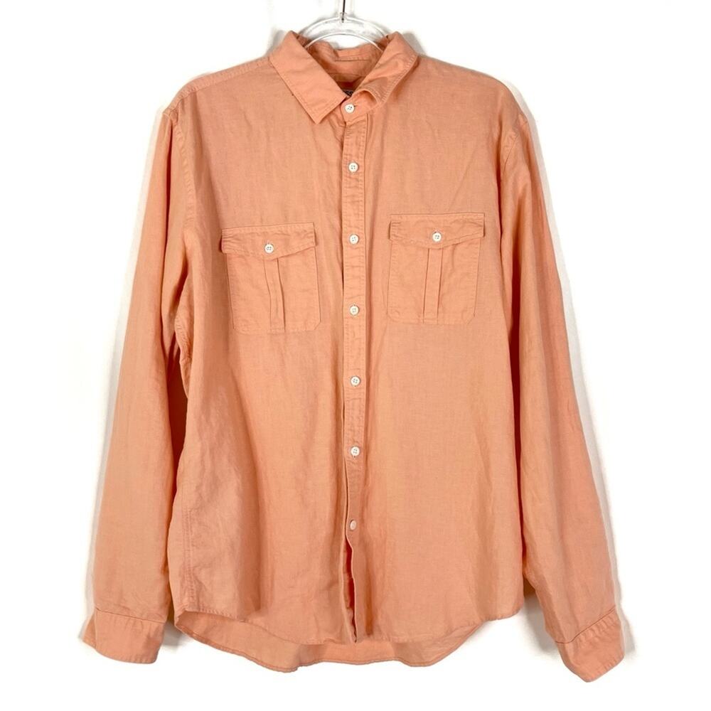 Express Light Orange Linen Cotton Casual Button Up Shirt Long Sleeve Mens Large